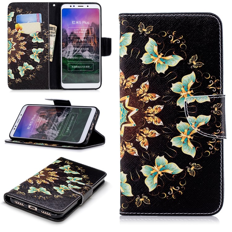 Pattern Printing Magnetic Wallet Stand Leather Mobile Phone Shell for Xiaomi Redmi Note 5 (12MP Rear Camera) / Redmi 5 Plus (China) - Colorized Butterflies-1