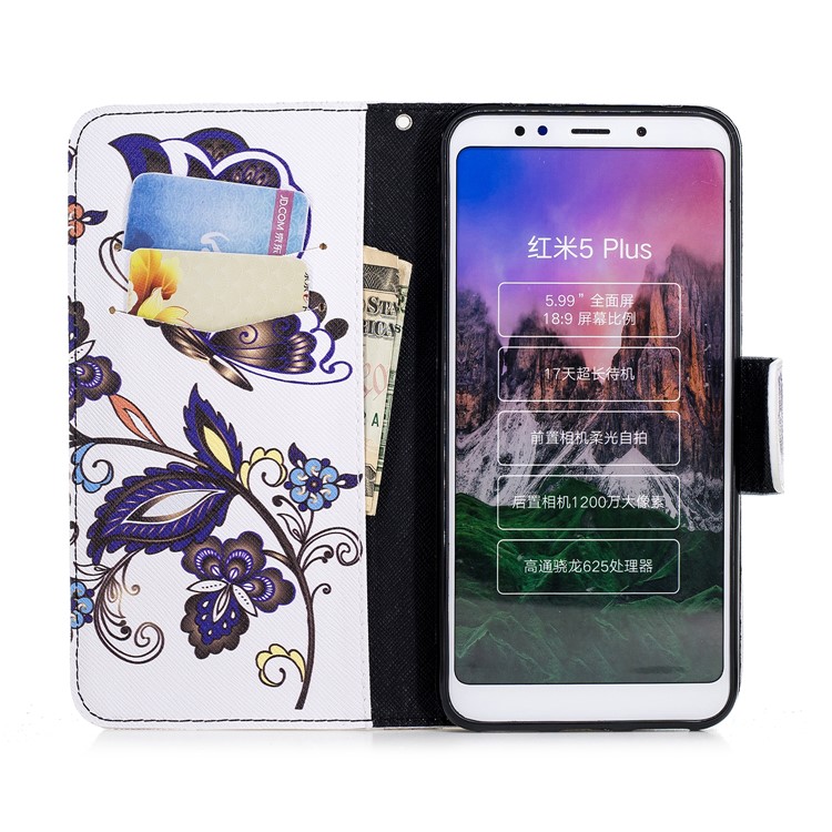 Pattern Printing Magnetic Wallet Stand Leather Cell Phone Shell for Xiaomi Redmi Note 5 (12MP Rear Camera) / Redmi 5 Plus (China) - Butterfly and Flower-8