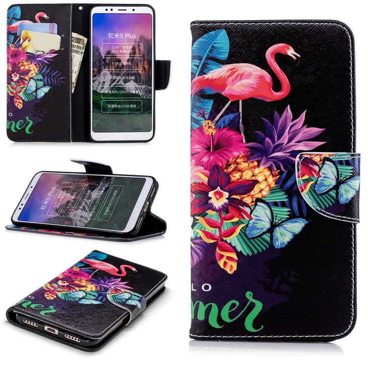 Pattern Printing Magnetic Wallet Stand Leather Protective Cover for Xiaomi Redmi Note 5 (12MP Rear Camera) / Redmi 5 Plus (China) - Flamingo and Pineapple-1