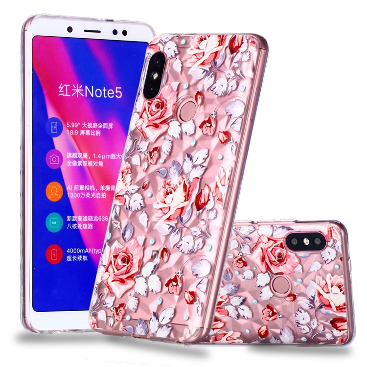 Embossed Pattern 3D Diamond Texture TPU Casing for Xiaomi Redmi Note 5 Pro (Dual Camera) / Redmi Note 5 (China) - Red Flower-1