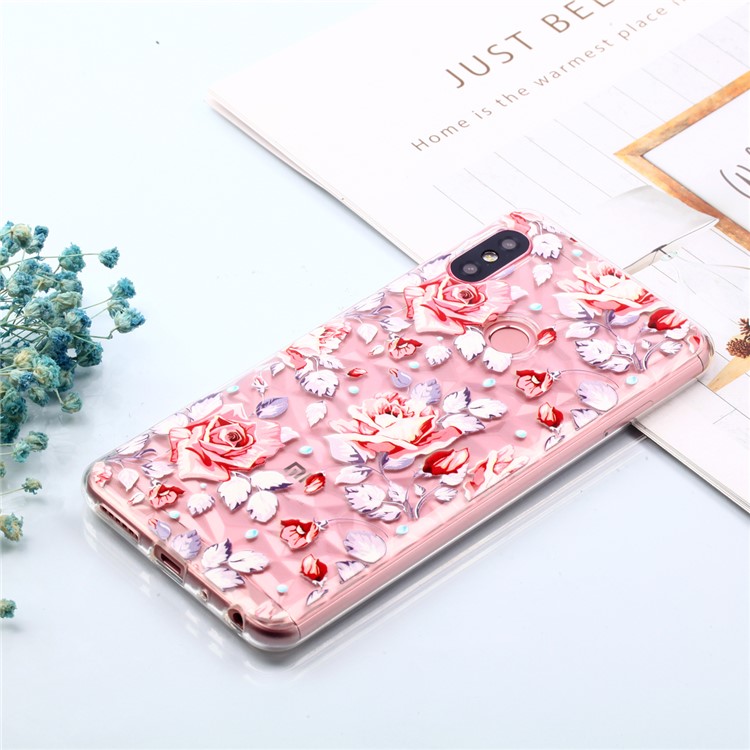 Embossed Pattern 3D Diamond Texture TPU Casing for Xiaomi Redmi Note 5 Pro (Dual Camera) / Redmi Note 5 (China) - Red Flower-7