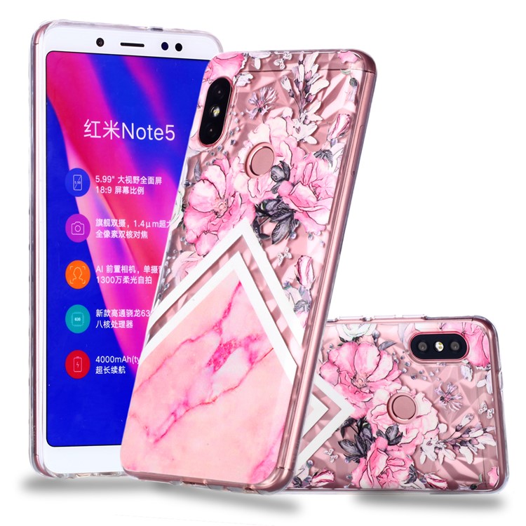 Embossed Pattern 3D Diamond Texture TPU Back Case for Xiaomi Redmi Note 5 Pro (Dual Camera) / Redmi Note 5 (China) - Pink Flower and Marble Pattern-1