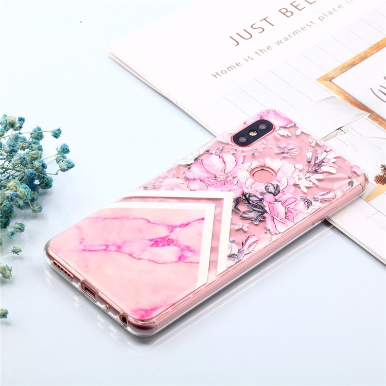 Embossed Pattern 3D Diamond Texture TPU Back Case for Xiaomi Redmi Note 5 Pro (Dual Camera) / Redmi Note 5 (China) - Pink Flower and Marble Pattern-7
