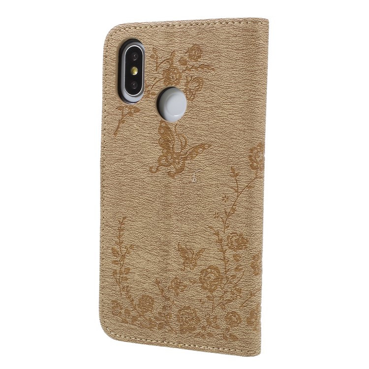 For Xiaomi Mi 8 (6.21-inch) Imprinted Butterfly Flowers Rhinestone Flip Wallet Leather Magnetic Card Holder Case - Gold-2