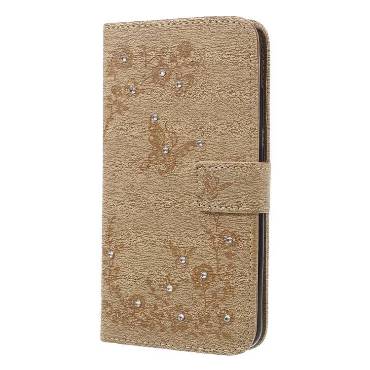 For Xiaomi Mi 8 (6.21-inch) Imprinted Butterfly Flowers Rhinestone Flip Wallet Leather Magnetic Card Holder Case - Gold-3