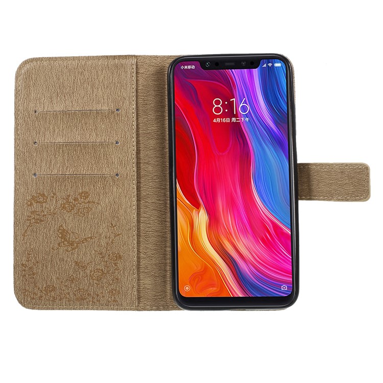 For Xiaomi Mi 8 (6.21-inch) Imprinted Butterfly Flowers Rhinestone Flip Wallet Leather Magnetic Card Holder Case - Gold-6