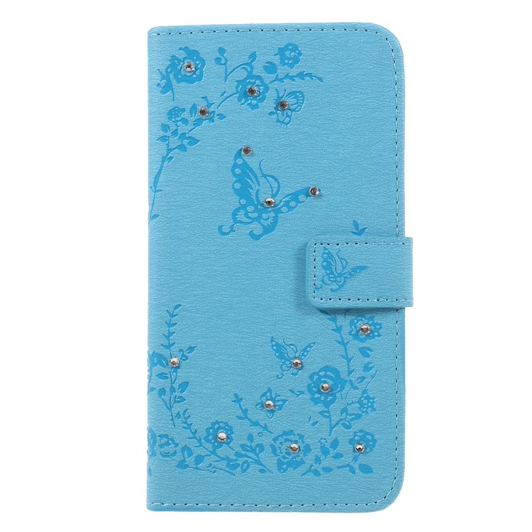 For Xiaomi Mi 8 (6.21-inch) Imprinted Butterfly Flowers Rhinestone Flip Wallet Leather Stand Cellphone Case - Baby Blue-1