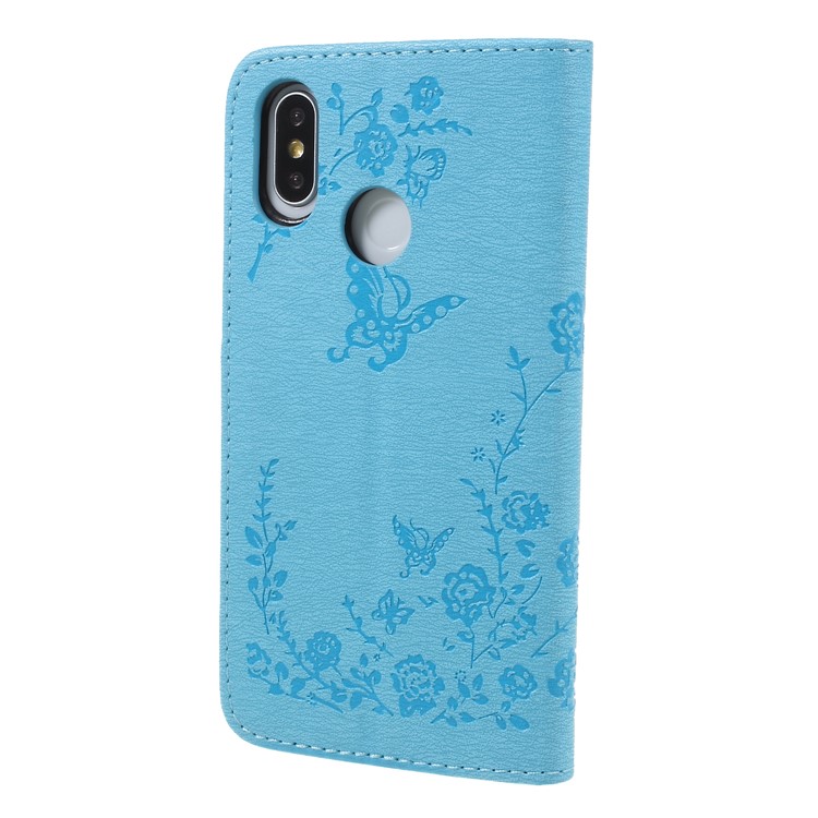 For Xiaomi Mi 8 (6.21-inch) Imprinted Butterfly Flowers Rhinestone Flip Wallet Leather Stand Cellphone Case - Baby Blue-2