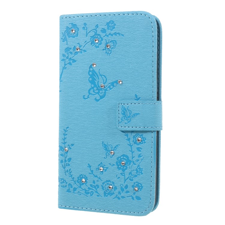 For Xiaomi Mi 8 (6.21-inch) Imprinted Butterfly Flowers Rhinestone Flip Wallet Leather Stand Cellphone Case - Baby Blue-3