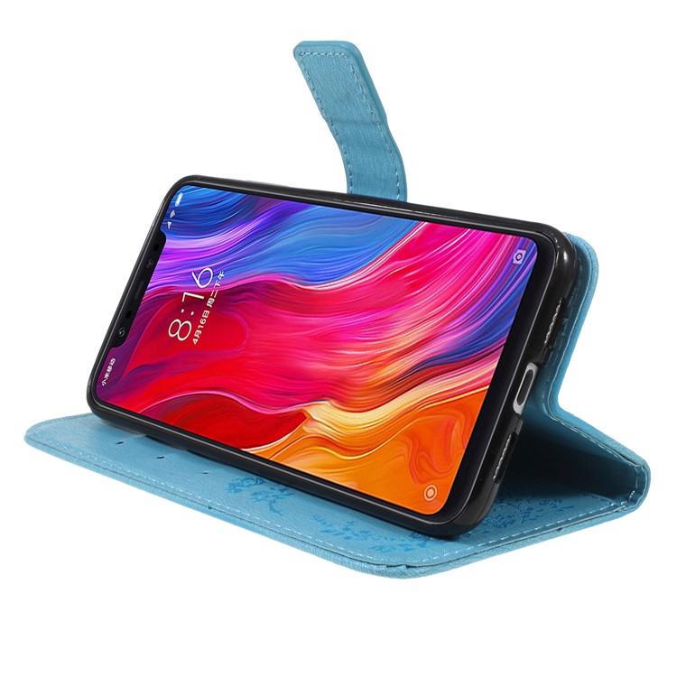 For Xiaomi Mi 8 (6.21-inch) Imprinted Butterfly Flowers Rhinestone Flip Wallet Leather Stand Cellphone Case - Baby Blue-4