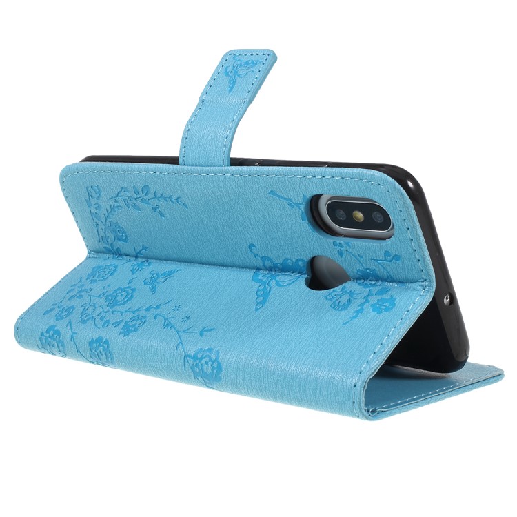 For Xiaomi Mi 8 (6.21-inch) Imprinted Butterfly Flowers Rhinestone Flip Wallet Leather Stand Cellphone Case - Baby Blue-5