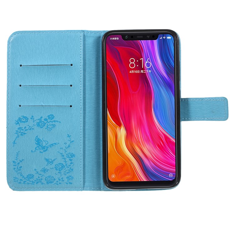 For Xiaomi Mi 8 (6.21-inch) Imprinted Butterfly Flowers Rhinestone Flip Wallet Leather Stand Cellphone Case - Baby Blue-6