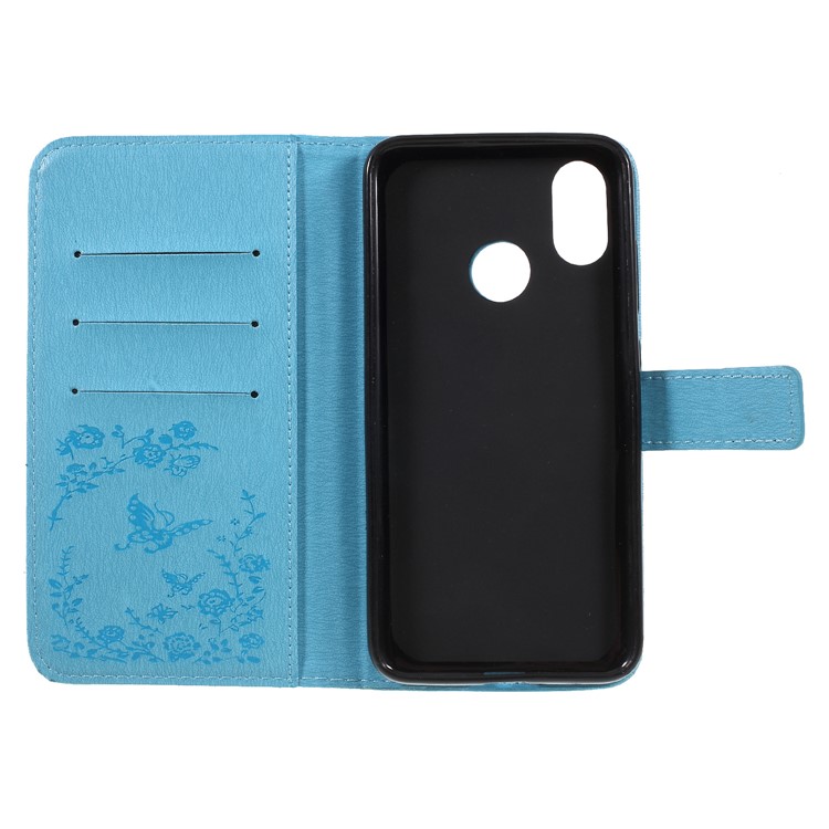 For Xiaomi Mi 8 (6.21-inch) Imprinted Butterfly Flowers Rhinestone Flip Wallet Leather Stand Cellphone Case - Baby Blue-7