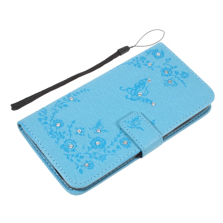 For Xiaomi Mi 8 (6.21-inch) Imprinted Butterfly Flowers Rhinestone Flip Wallet Leather Stand Cellphone Case - Baby Blue-8