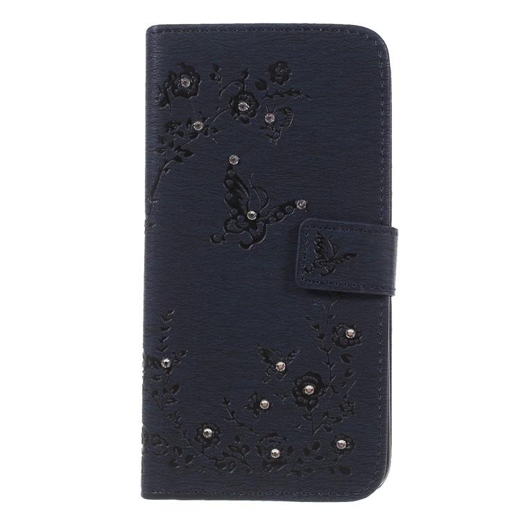 For Xiaomi Mi 8 (6.21-inch) Imprinted Butterfly Flowers Rhinestone Wallet Leather Stand Cover - Dark Blue-1