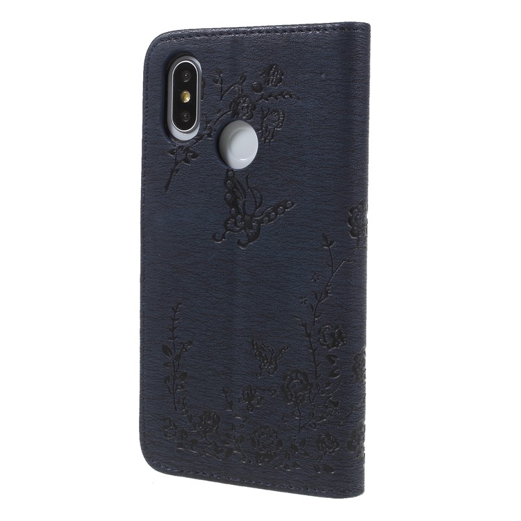 For Xiaomi Mi 8 (6.21-inch) Imprinted Butterfly Flowers Rhinestone Wallet Leather Stand Cover - Dark Blue-2