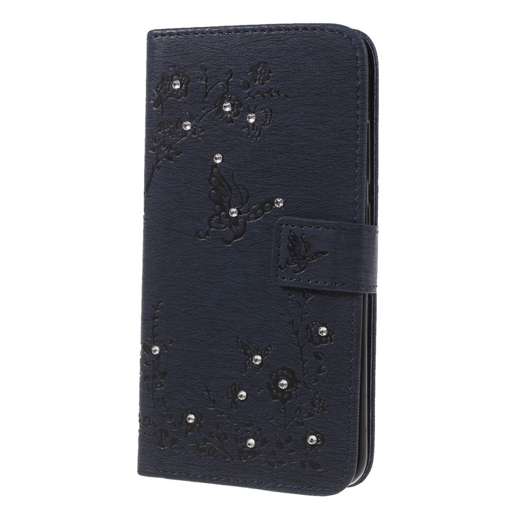 For Xiaomi Mi 8 (6.21-inch) Imprinted Butterfly Flowers Rhinestone Wallet Leather Stand Cover - Dark Blue-3