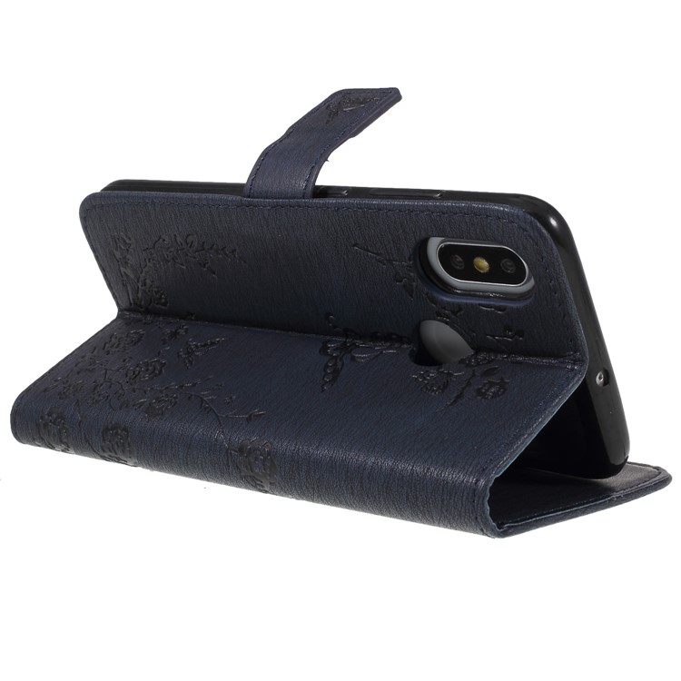 For Xiaomi Mi 8 (6.21-inch) Imprinted Butterfly Flowers Rhinestone Wallet Leather Stand Cover - Dark Blue-5