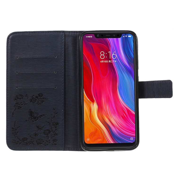 For Xiaomi Mi 8 (6.21-inch) Imprinted Butterfly Flowers Rhinestone Wallet Leather Stand Cover - Dark Blue-6