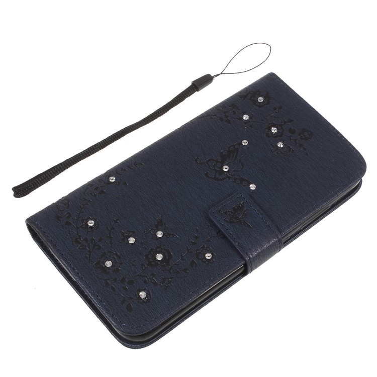 For Xiaomi Mi 8 (6.21-inch) Imprinted Butterfly Flowers Rhinestone Wallet Leather Stand Cover - Dark Blue-8