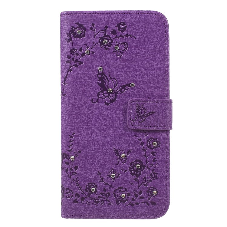 For Xiaomi Mi 8 (6.21-inch) Imprinted Butterfly Flowers Rhinestone Flip Wallet Leather Mobile Cover with Stand - Purple-1