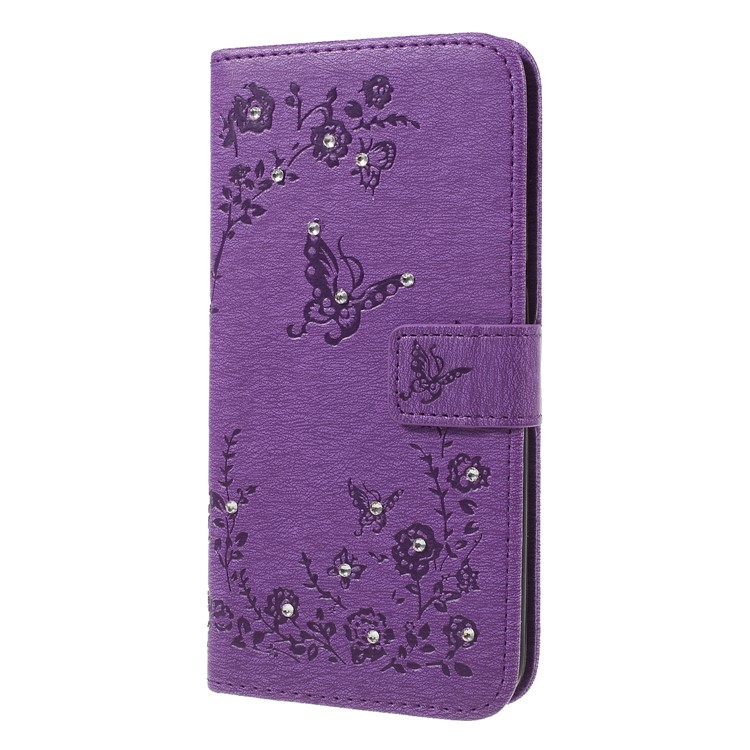 For Xiaomi Mi 8 (6.21-inch) Imprinted Butterfly Flowers Rhinestone Flip Wallet Leather Mobile Cover with Stand - Purple-3