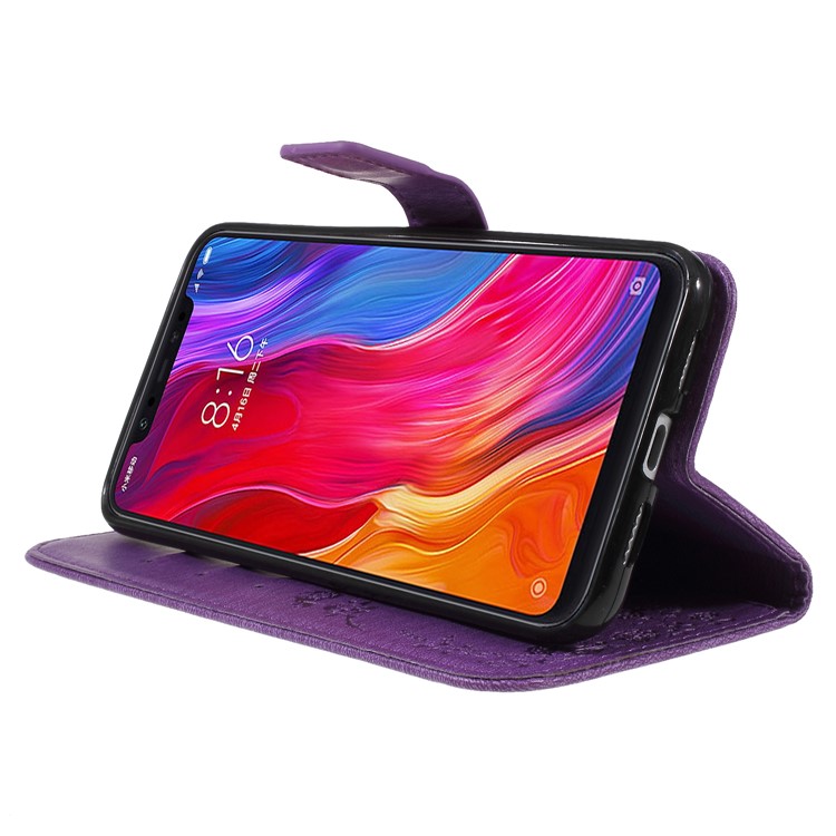 For Xiaomi Mi 8 (6.21-inch) Imprinted Butterfly Flowers Rhinestone Flip Wallet Leather Mobile Cover with Stand - Purple-4