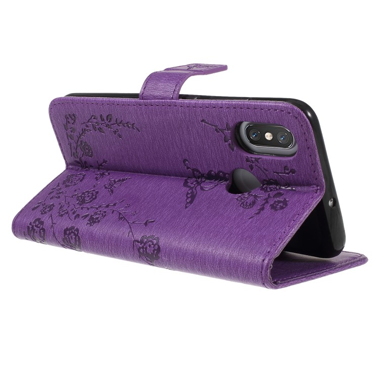 For Xiaomi Mi 8 (6.21-inch) Imprinted Butterfly Flowers Rhinestone Flip Wallet Leather Mobile Cover with Stand - Purple-5