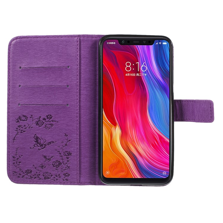 For Xiaomi Mi 8 (6.21-inch) Imprinted Butterfly Flowers Rhinestone Flip Wallet Leather Mobile Cover with Stand - Purple-6