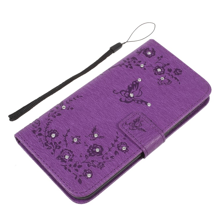For Xiaomi Mi 8 (6.21-inch) Imprinted Butterfly Flowers Rhinestone Flip Wallet Leather Mobile Cover with Stand - Purple-8