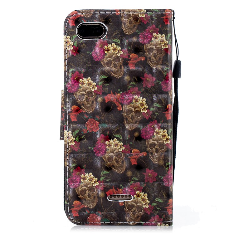 Pattern Printing Wallet Stand Leather Phone Cover for Xiaomi Redmi 6A (Single 12MP Rear Camera) - Skull and Flower-2