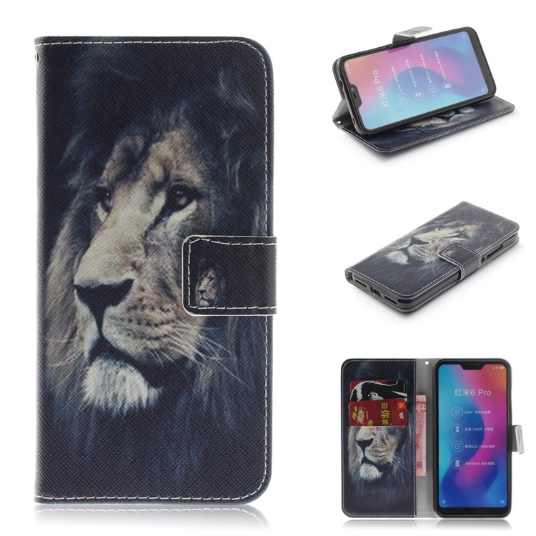 Pattern Printing Wallet Stand Leather Phone Shell for Xiaomi Mi A2 Lite / Redmi 6 Pro - Lion-1