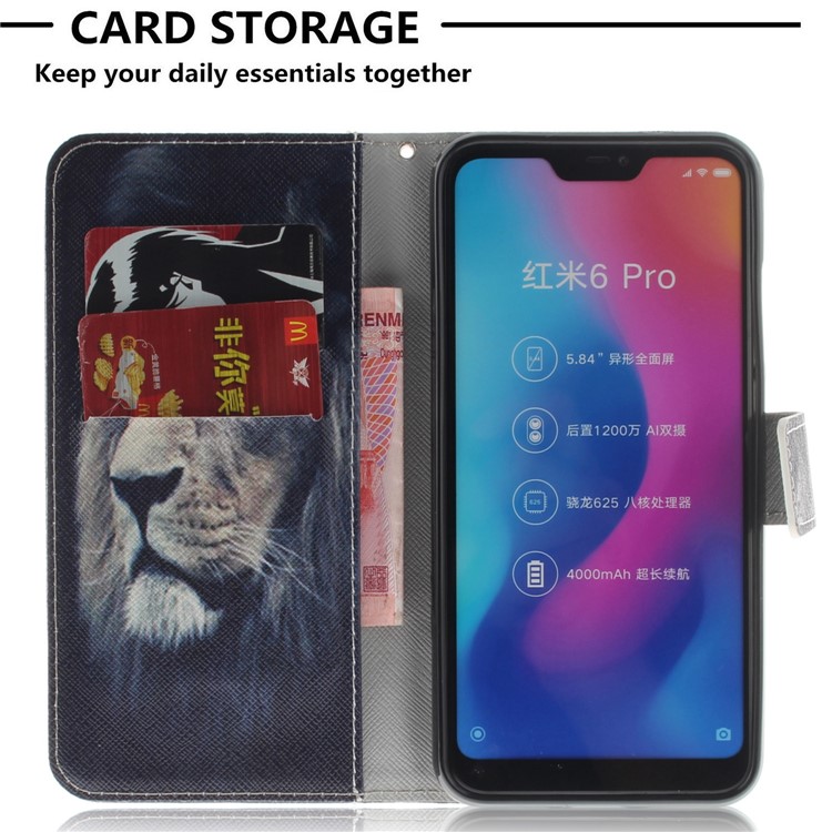 Pattern Printing Wallet Stand Leather Phone Shell for Xiaomi Mi A2 Lite / Redmi 6 Pro - Lion-7
