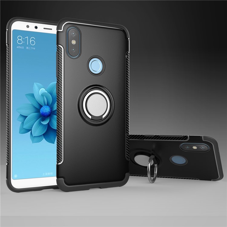 Carbon Fiber Texture TPU PC Hybrid Casing with Magnetic Ring Holder for Xiaomi Mi A2 / Mi 6X - Black-1