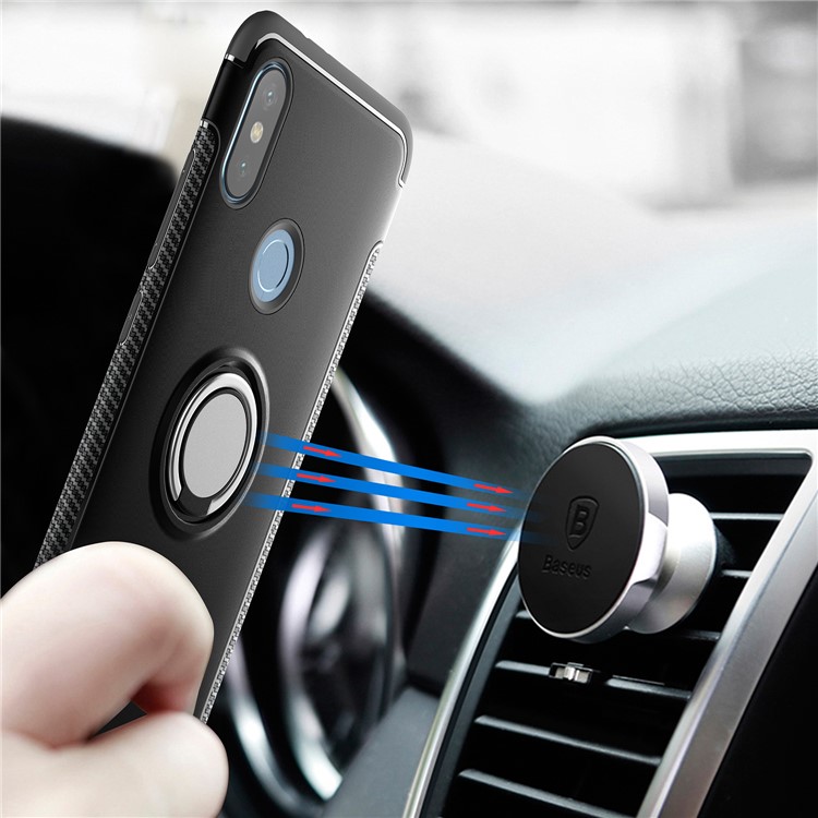 Carbon Fiber Texture TPU PC Hybrid Casing with Magnetic Ring Holder for Xiaomi Mi A2 / Mi 6X - Black-2
