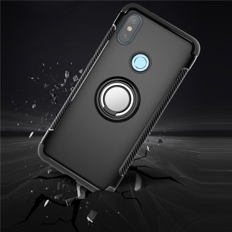 Carbon Fiber Texture TPU PC Hybrid Casing with Magnetic Ring Holder for Xiaomi Mi A2 / Mi 6X - Black-3