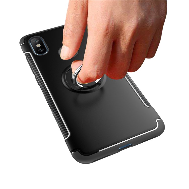 Carbon Fiber Texture TPU PC Hybrid Casing with Magnetic Ring Holder for Xiaomi Mi A2 / Mi 6X - Black-5