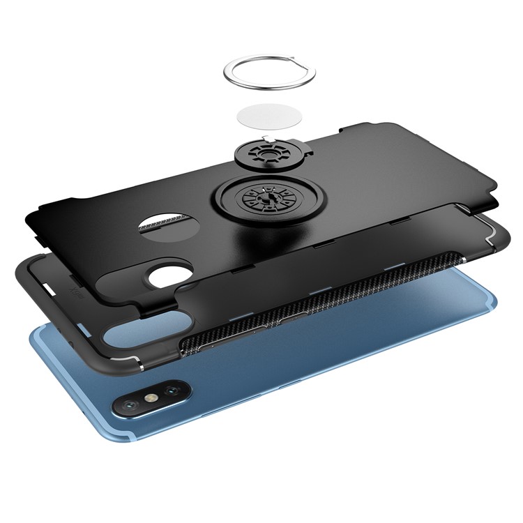 Carbon Fiber Texture TPU PC Hybrid Casing with Magnetic Ring Holder for Xiaomi Mi A2 / Mi 6X - Black-7