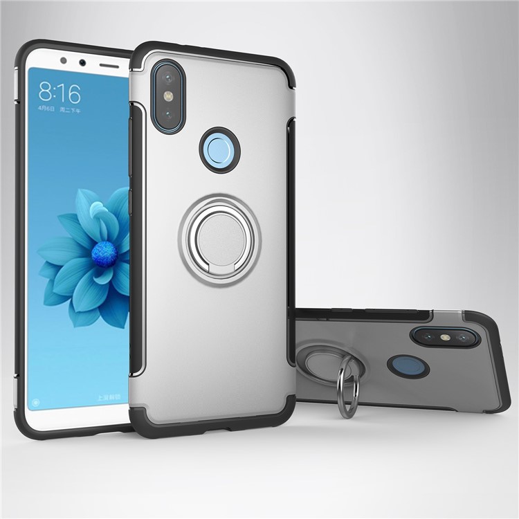 Carbon Fiber Texture TPU PC Hybrid Case with Magnetic Ring Holder for Xiaomi Mi A2 / Mi 6X - Silver-1