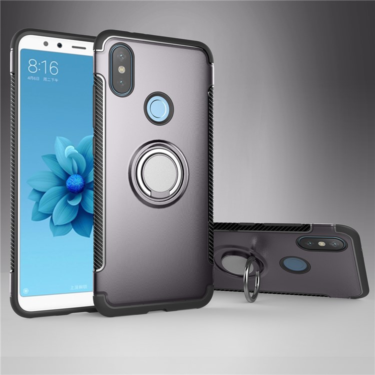 Carbon Fiber Texture TPU PC Hybrid Cover with Magnetic Ring Holder for Xiaomi Mi A2 / Mi 6X - Grey-1