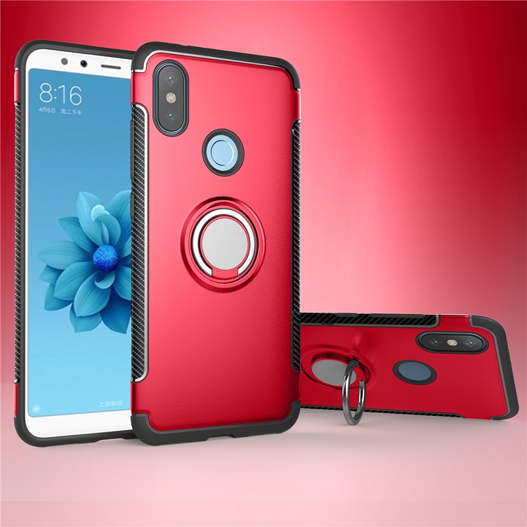 Carbon Fiber Texture TPU PC Hybrid Shell with Magnetic Ring Holder for Xiaomi Mi A2 / Mi 6X - Red-1