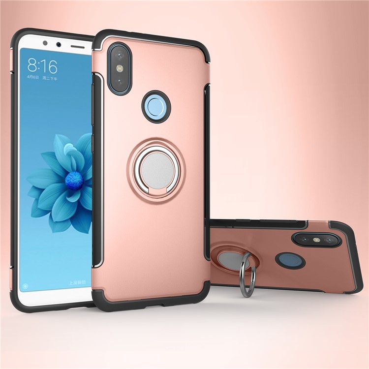 Carbon Fiber Texture TPU PC Hybrid Case Cover with Magnetic Ring Holder for Xiaomi Mi A2 / Mi 6X - Rose Gold-1