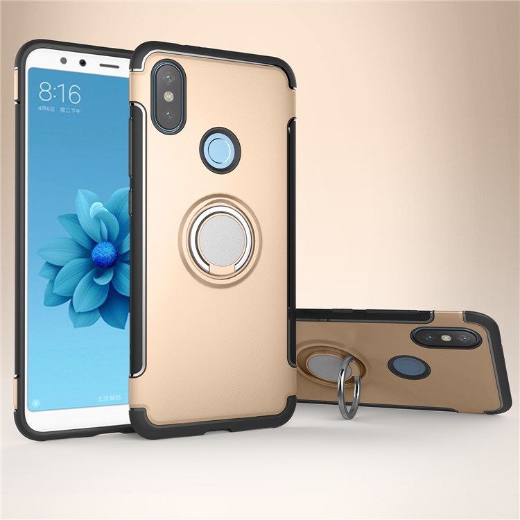 Carbon Fiber Texture TPU PC Hybrid Casing Shell with Magnetic Ring Holder for Xiaomi Mi A2 / Mi 6X - Gold-1