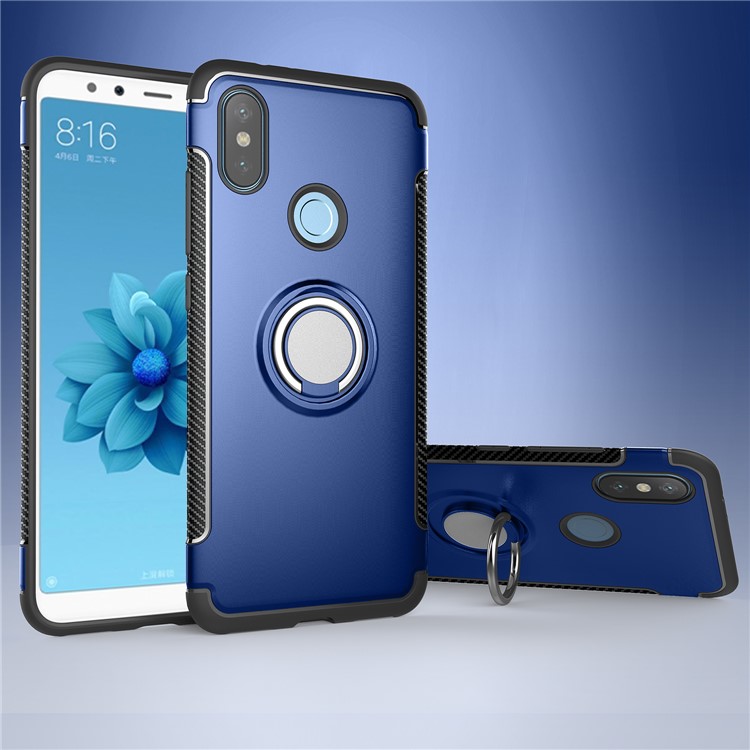 Carbon Fiber Texture TPU PC Hybrid Phone Case Accessory with Magnetic Ring Holder for Xiaomi Mi A2 / Mi 6X - Dark Blue-1