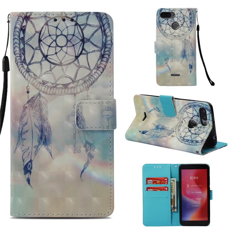 Pattern Printing Leather Wallet Mobile Cover for Xiaomi Redmi 6A/Redmi 6 - Feather Dream Catcher-1