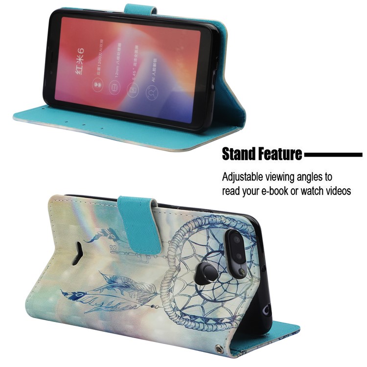 Pattern Printing Leather Wallet Mobile Cover for Xiaomi Redmi 6A/Redmi 6 - Feather Dream Catcher-4