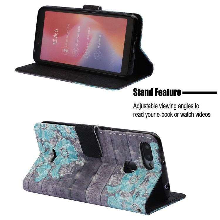 Pattern Printing Leather Stand Mobile Case for Xiaomi Redmi 6A/Redmi 6 - Blue Flower-4
