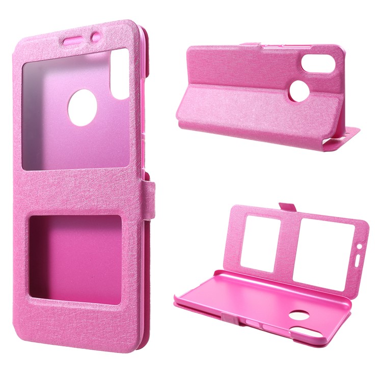 Silk Texture Dual View Window Leather Flip Case for Xiaomi Mi 8 (6.21-inch) - Rose-1