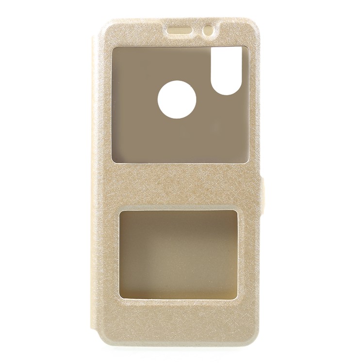 Silk Texture Dual View Window Leather Phone Case for Xiaomi Mi 8 (6.21-inch) - Gold-1