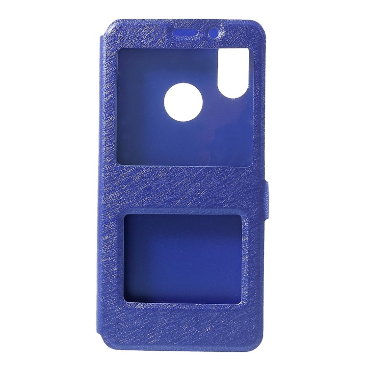 Silk Texture Dual View Window Leather Cellphone Cover for Xiaomi Mi 8 (6.21-inch) - Blue-1